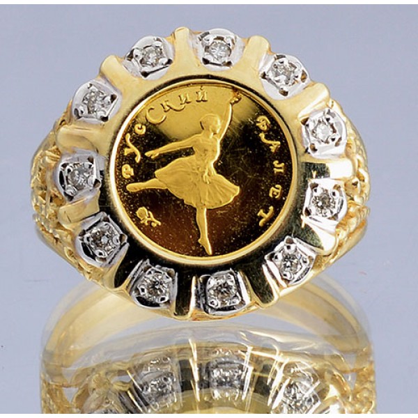  RUSSIA .999 GOLD COIN 1993 10 RUBLE BALLERINA COIN  in 14KT DIAMOND RING .16 ct.